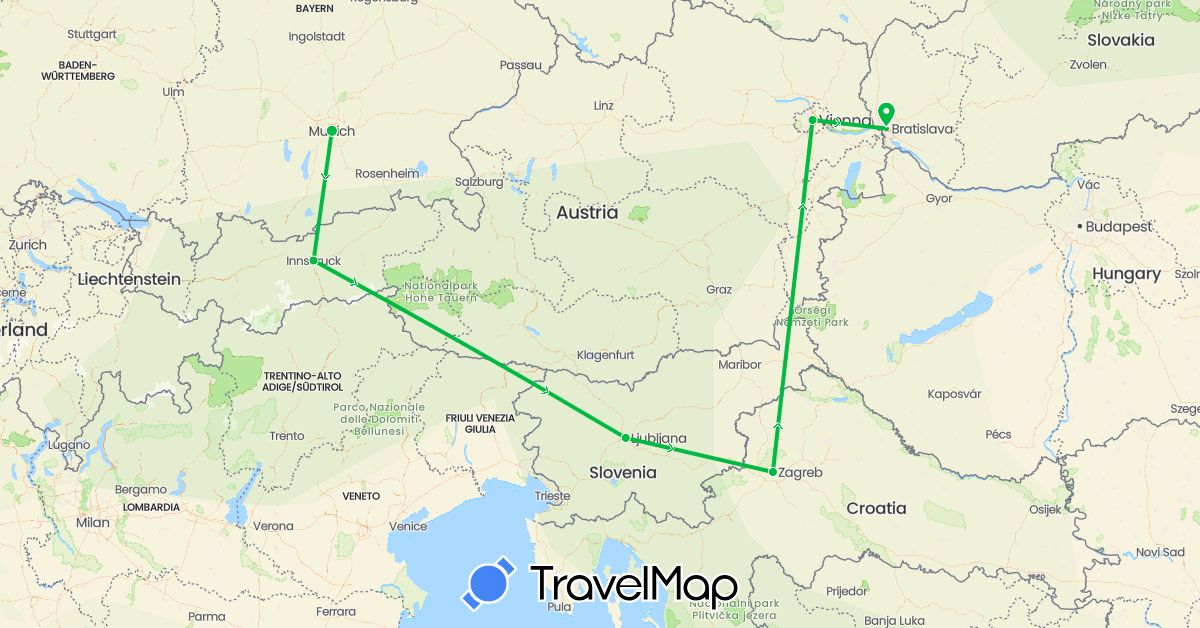 TravelMap itinerary: bus in Austria, Germany, Croatia, Slovenia, Slovakia (Europe)